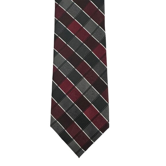 Van Heusen Mens Burgundy Gray Checkered Silk Tie Classic Business Formal Design - Picture 2 of 5